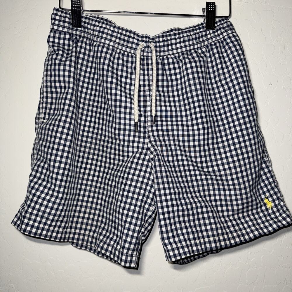 Polo Ralph Lauren Swim Short Size L (14-16) Blue White Gingham Drawstring Lined